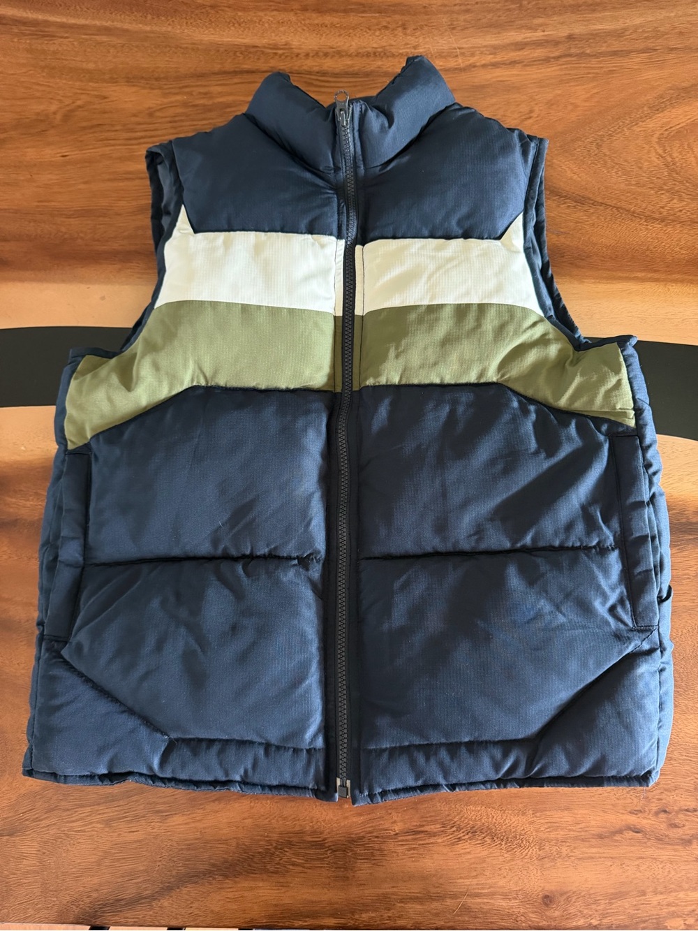 Old Navy Navy Colorblock Puffer Vest with Olive and Cream Stripes